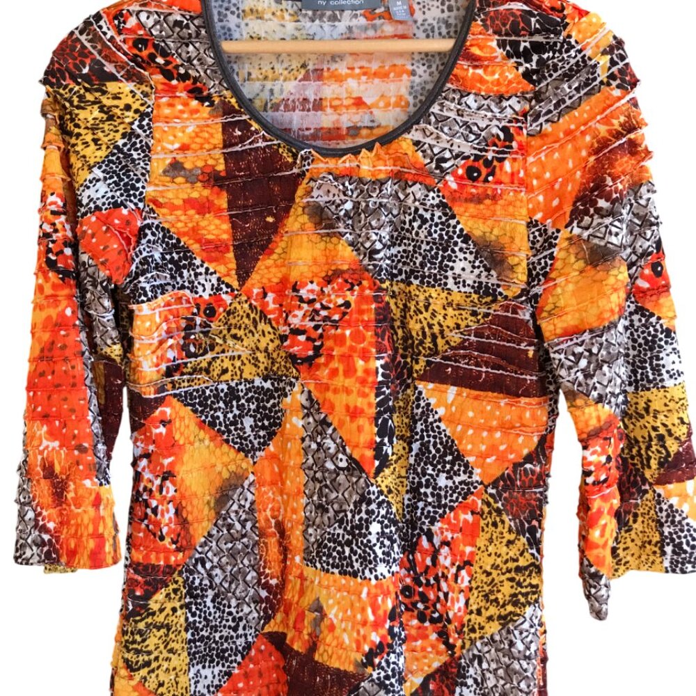 NY Collection Frilled Stretchy Blouse, Orange Black Brown Patchwork Print Size M